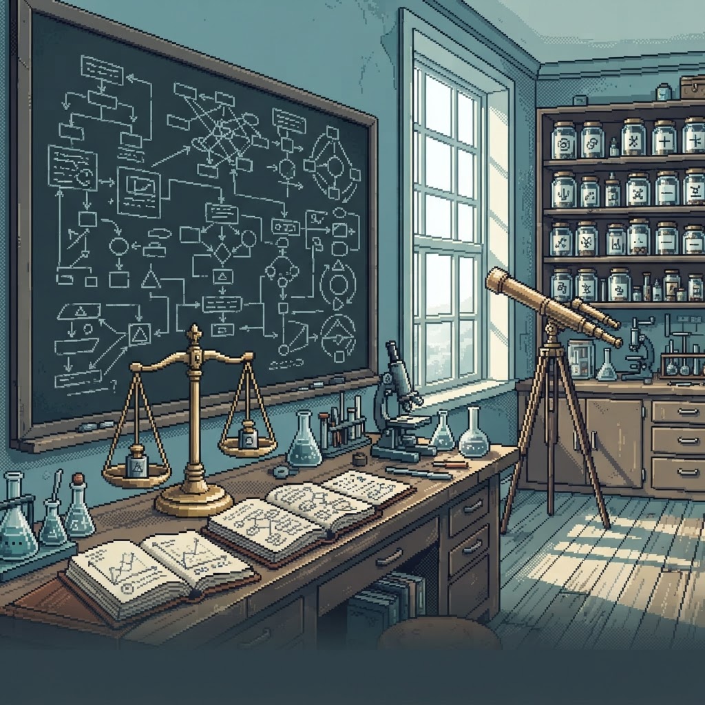 Laboratorio de argumentos de día: pizarra con diagramas de tiza sin palabras, balanza de latón con dos pesos, cuadernos con gráficas y frascos etiquetados con símbolos.