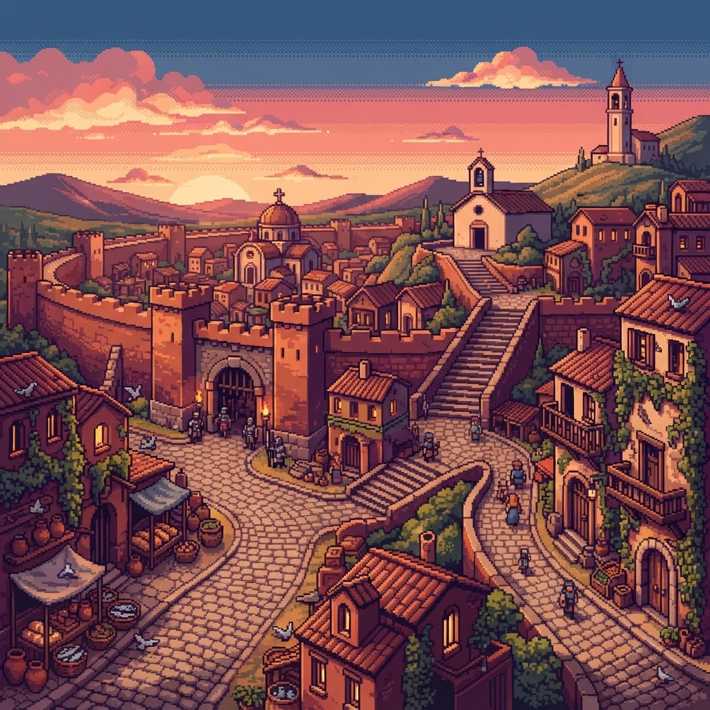 Ciudad amurallada al atardecer con calles empedradas que se bifurcan, escaleras, arcos, mercado y tres lugares de reunión a distintas distancias.