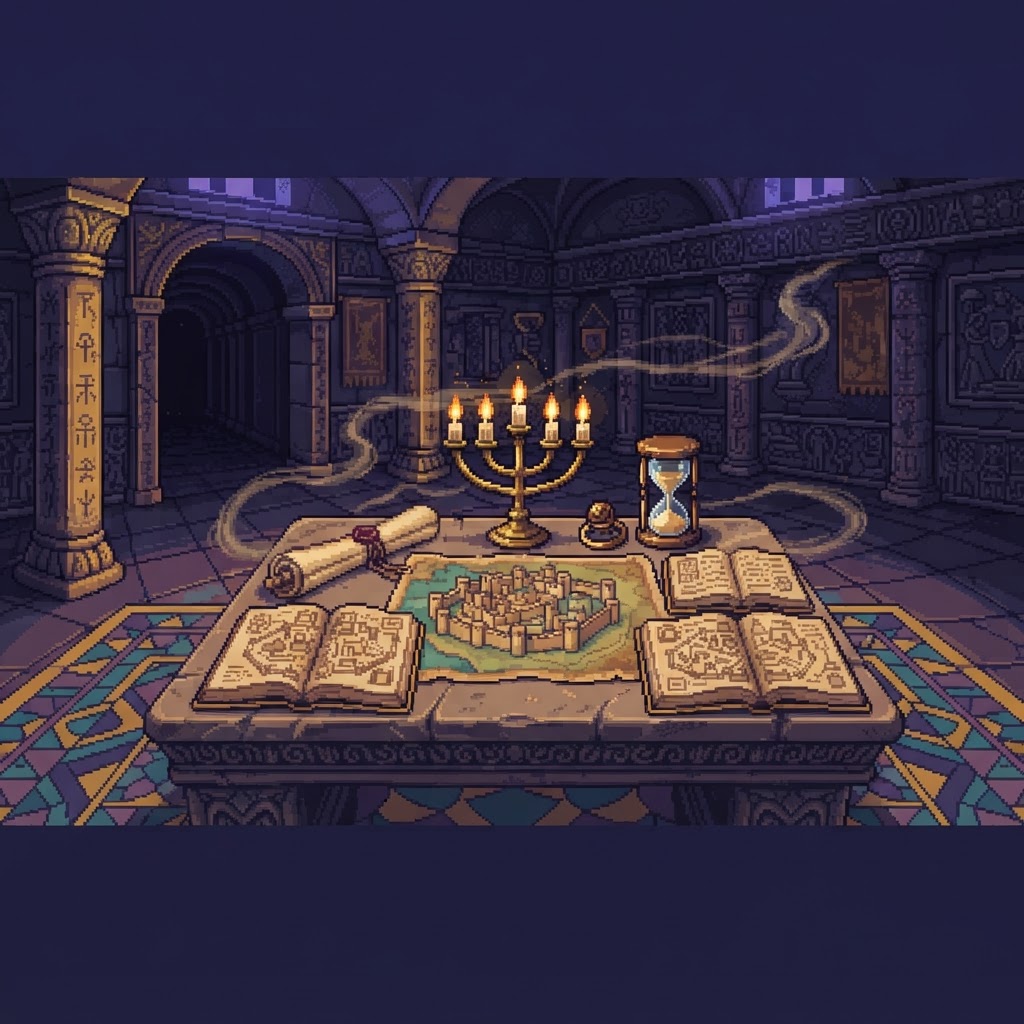 Cámara crepuscular de símbolos: mesa de piedra con un rollo sellado, candelabro de siete brazos, reloj de arena, anillo de sello, mapa de una ciudad y cuatro libros abiertos con diagramas distintos.