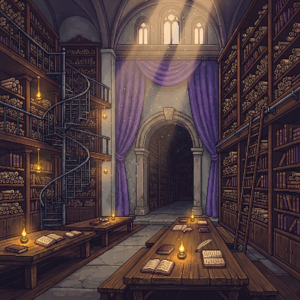 Biblioteca de manuscritos: estanterías altas con rollos y códices, escalera de caracol, mesas de lectura con lámparas y cortinas violetas.