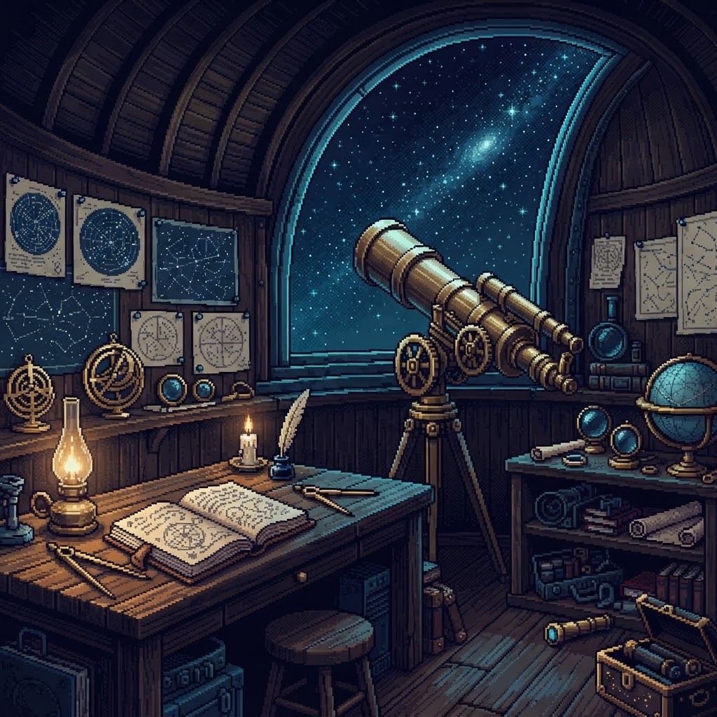 Observatorio nocturno: telescopio de latón apuntando por la cúpula abierta, cartas celestes en la pared, astrolabios, globo, velas y cuadernos.