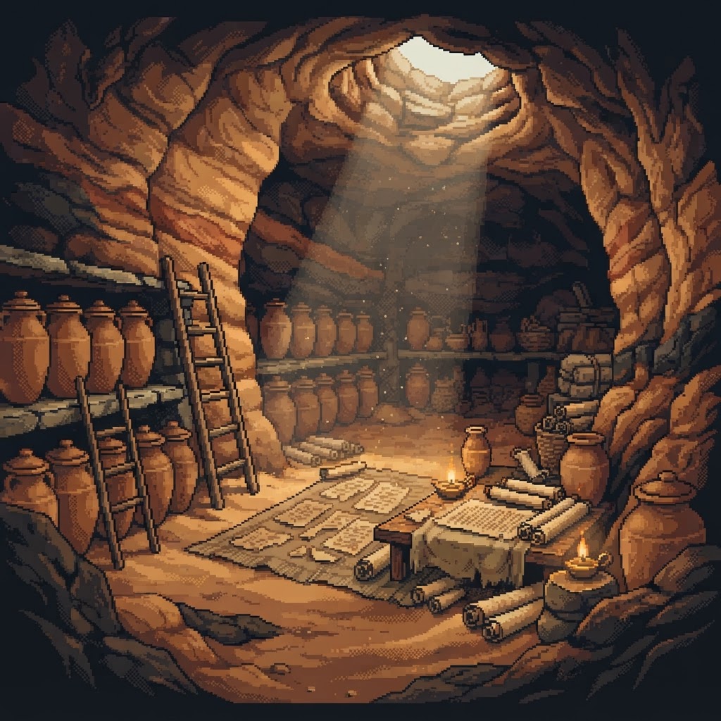 Interior de una cueva con jarras de rollos alineadas, fragmentos de manuscrito sobre tela y lámparas de aceite encendidas.