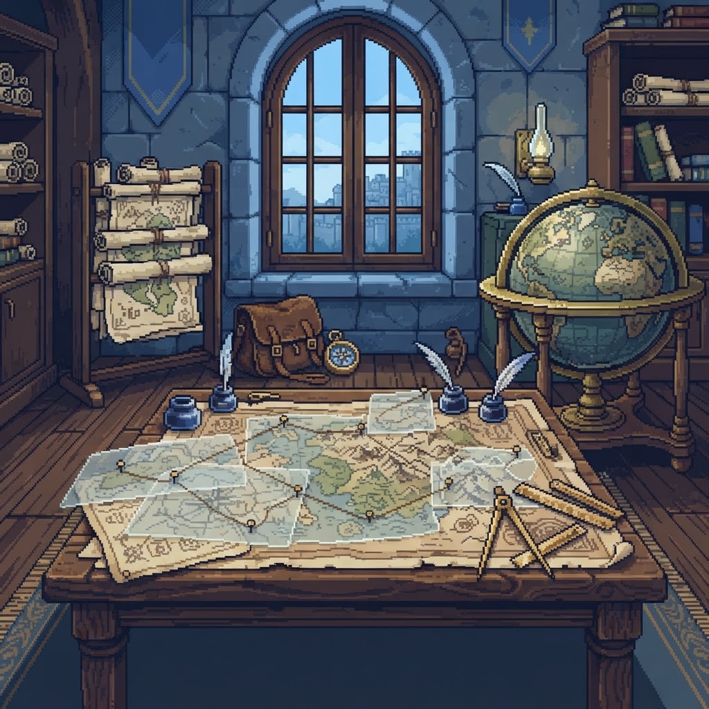 Gabinete de mapas: mesa grande con mapas superpuestos y transparencias, alfileres de latón, compás, globo y estantería de cartas.