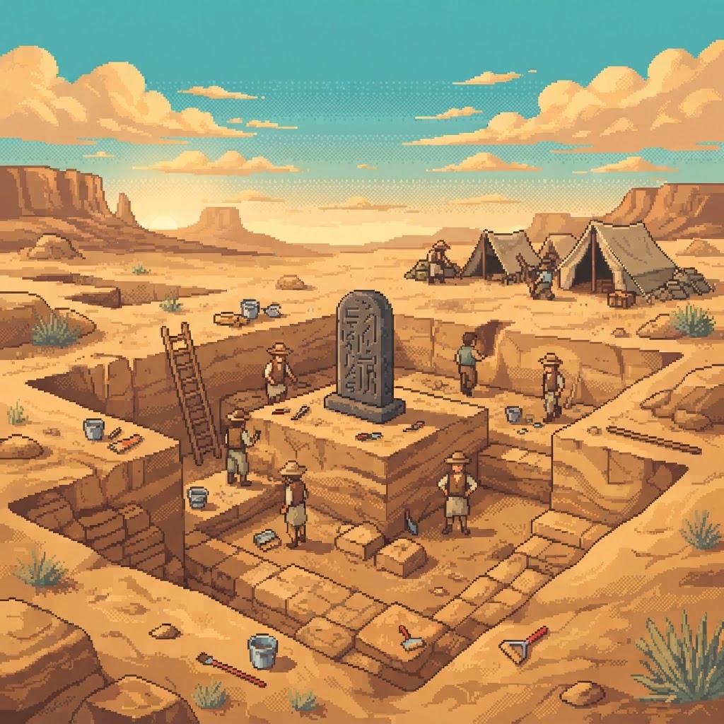 Excavación arqueológica en el desierto: trincheras cuadradas, cimientos de piedra, una estela de basalto, escaleras, brochas, cubos y tiendas de campaña.