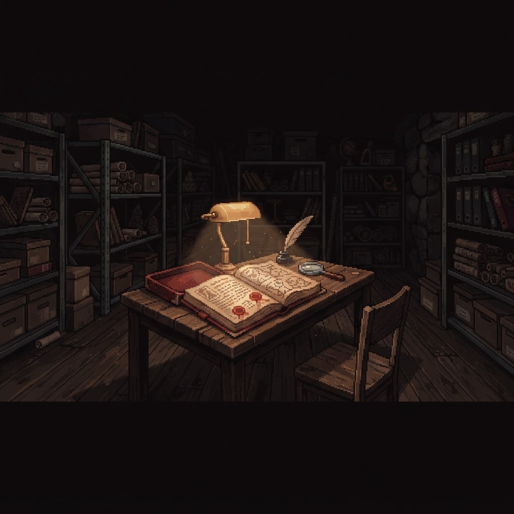 El mismo archivo de noche: una sola lámpara sobre la mesa y un expediente abierto, estanterías en penumbra.