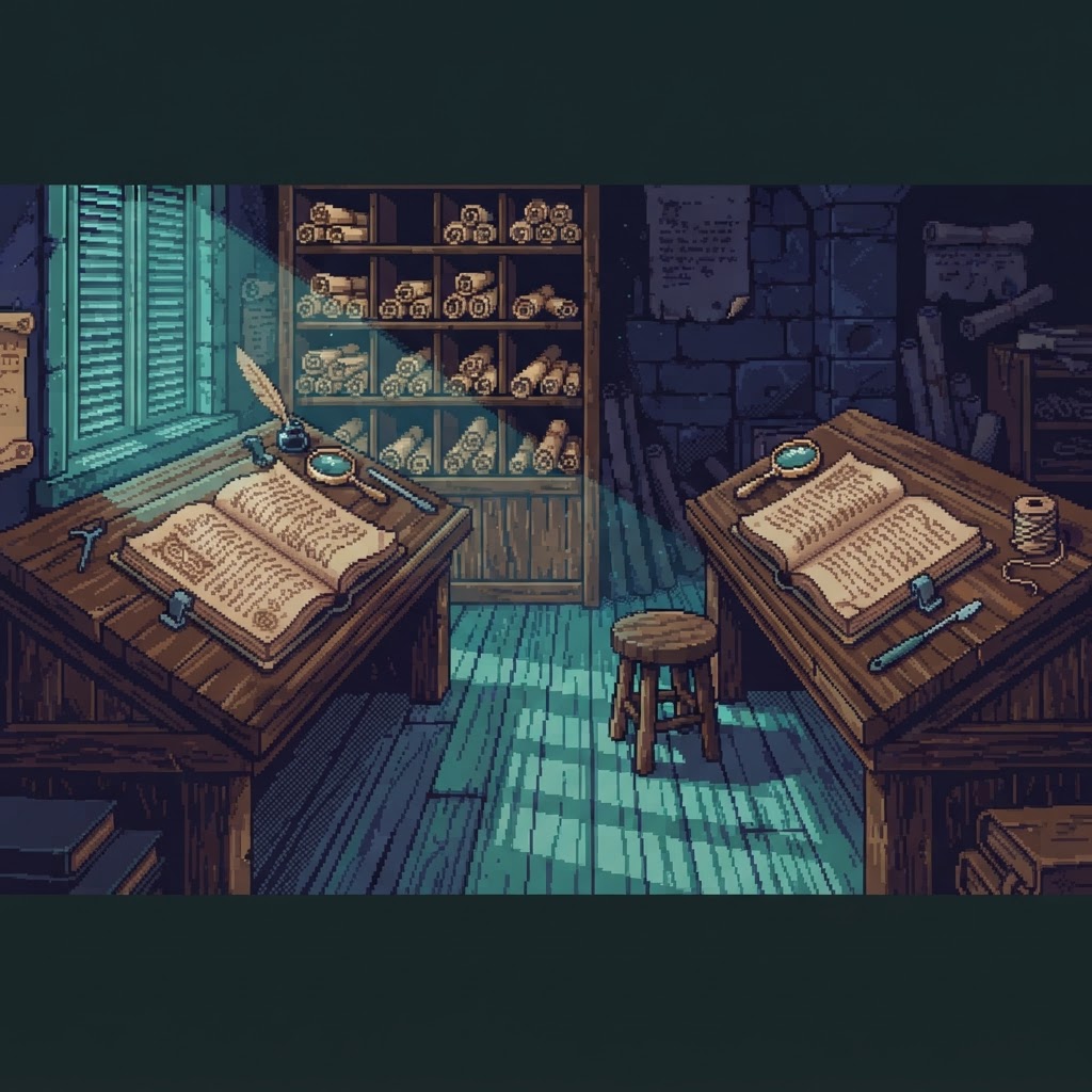 Taller de comparación con dos atriles enfrentados, un folio abierto en cada uno, lupa de latón, rollos en casilleros y luz verde de contraventanas.