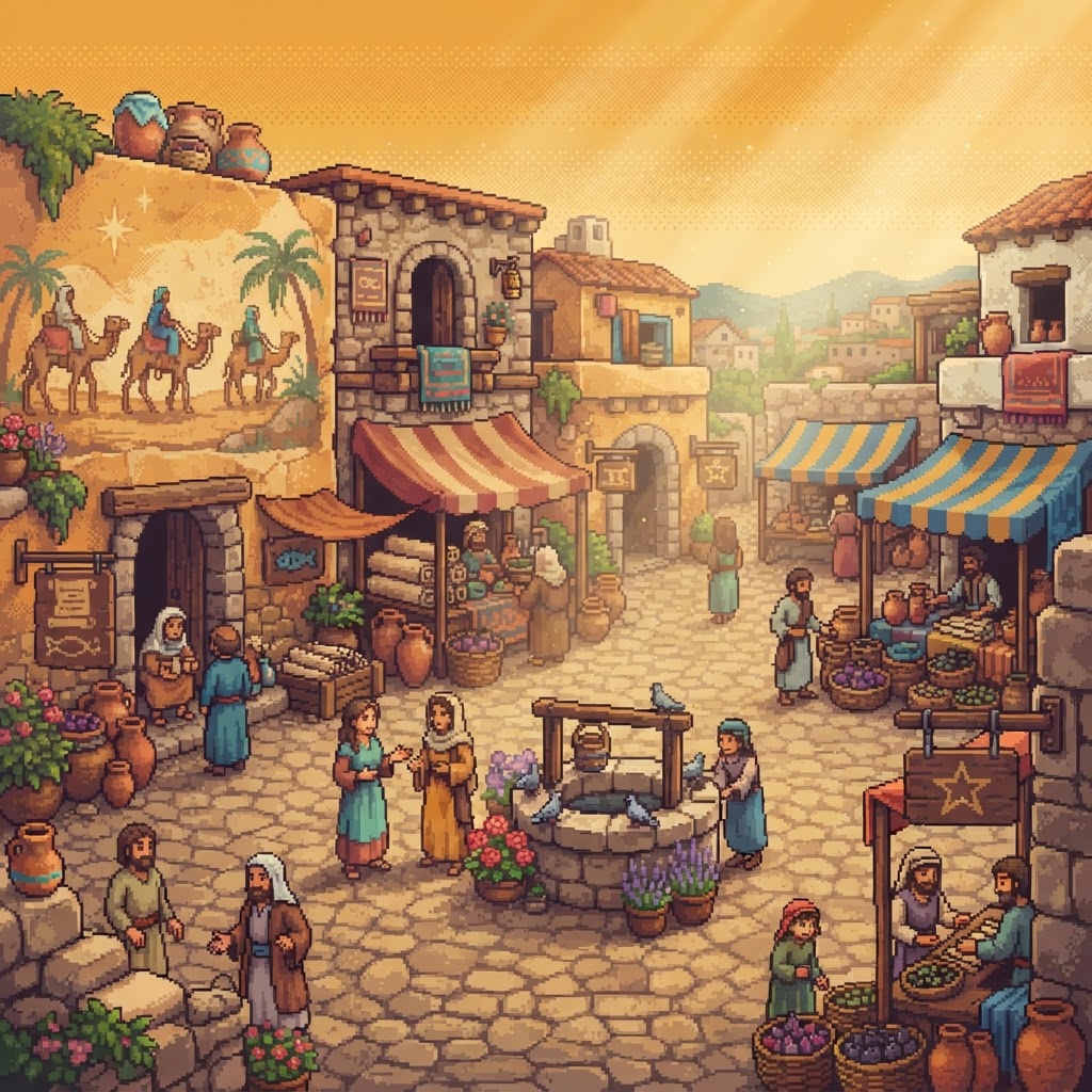 Plaza de aldea del siglo I por la mañana: casas de piedra, toldos de rayas, puestos con rollos, jarras e higos, un mural de tres viajeros en la pared y un pozo con palomas.
