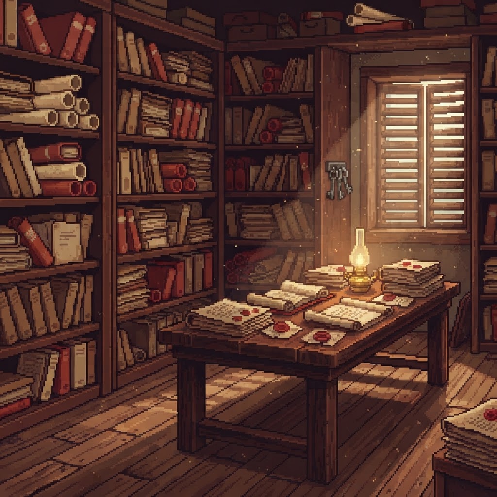 Archivo de casos: estanterías con carpetas y tubos de rollos, mesa de revisión con expedientes abiertos, sellos de cera y una lámpara de aceite.