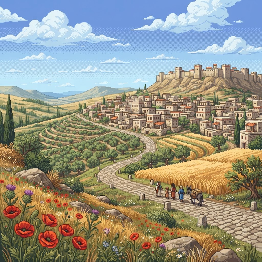 Paisaje de la región desde una loma: camino de piedra con hitos entre olivos y trigales, aldea de techos planos, murallas al fondo y una caravana.