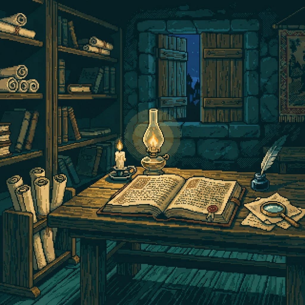 Sala de lectura a la luz de una lámpara de cristal: dos manuscritos abiertos, notas al margen, sellos y una ventana cerrada a la noche.
