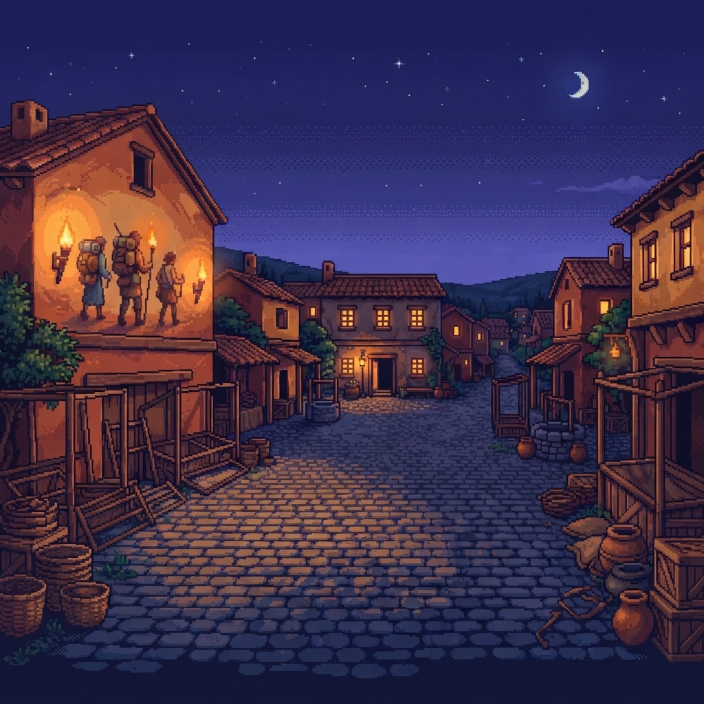 La misma plaza al anochecer: puestos recogidos, faroles y antorchas encendidas, el mural iluminado y las primeras estrellas.