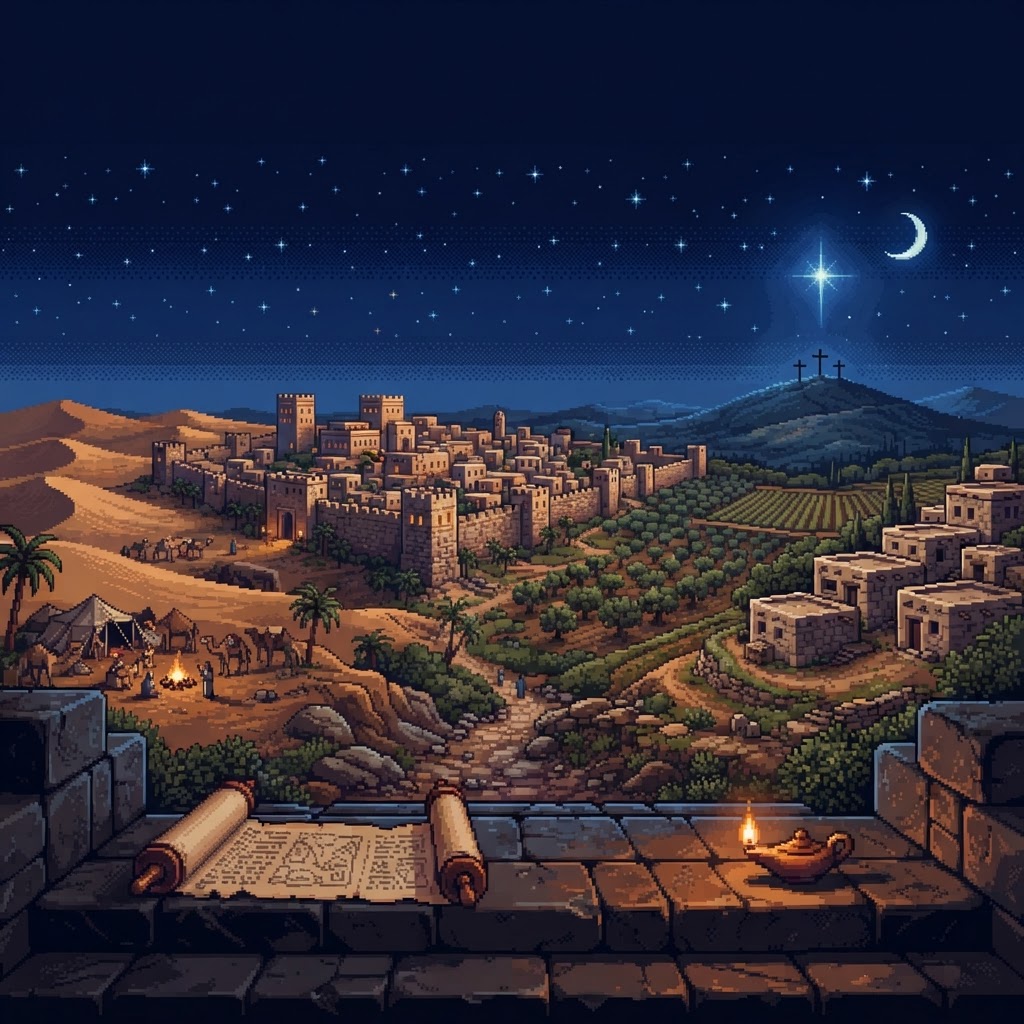 Ilustración pixel art del juego: desierto con tiendas, murallas de una ciudad antigua, olivos y una aldea de piedra bajo un cielo estrellado.