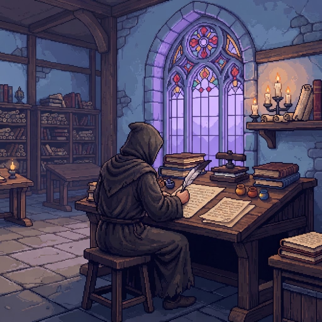 Scriptorium junto a un ventanal ojival: un copista encapuchado de espaldas con pluma y tintero, hojas apiladas, prensa de libros y tarros de pigmento.