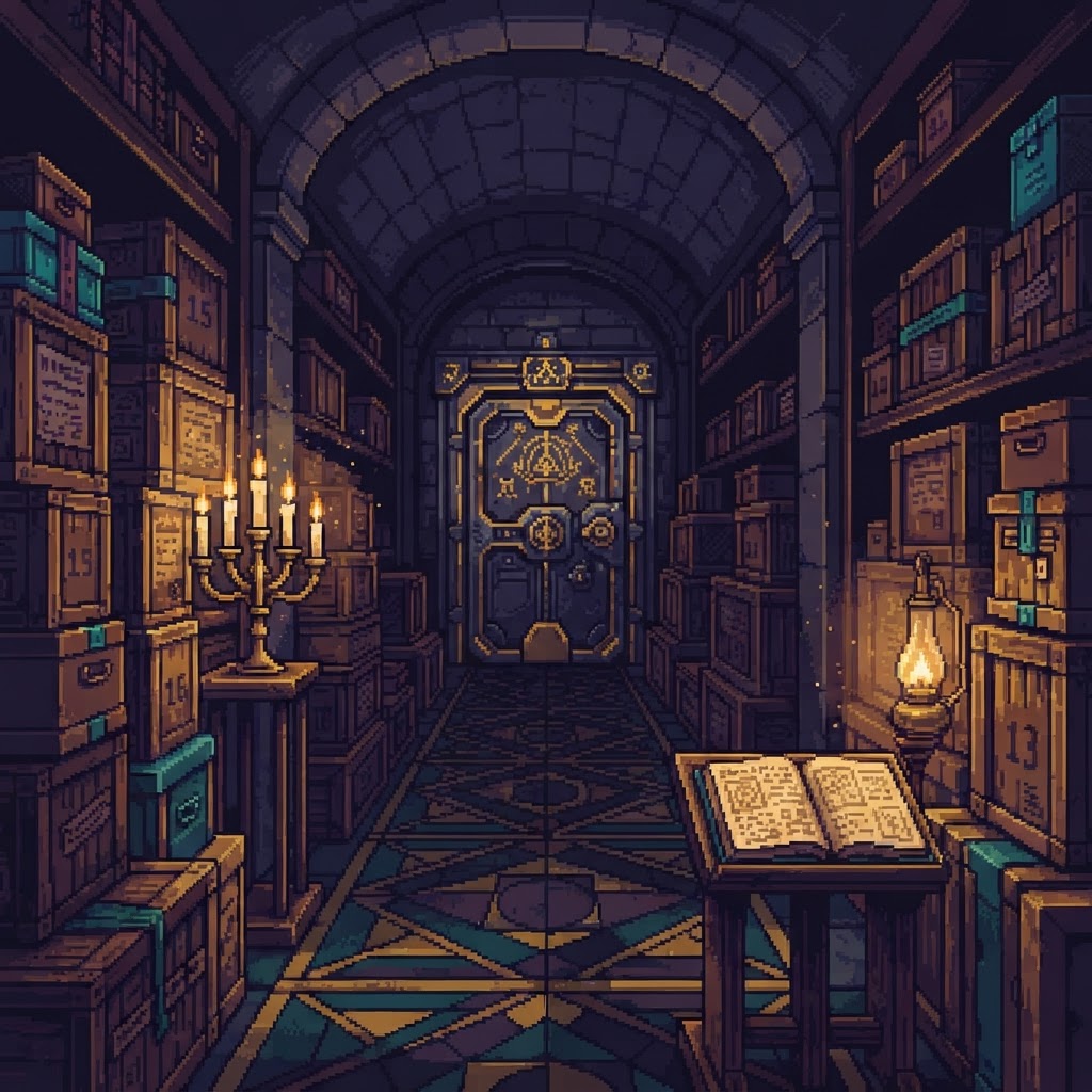 Pasillo del archivo final: cajas y cofres sellados a ambos lados, una lámpara de latón, un expediente abierto en un atril, candelabro de siete llamas y una puerta sellada al fondo.