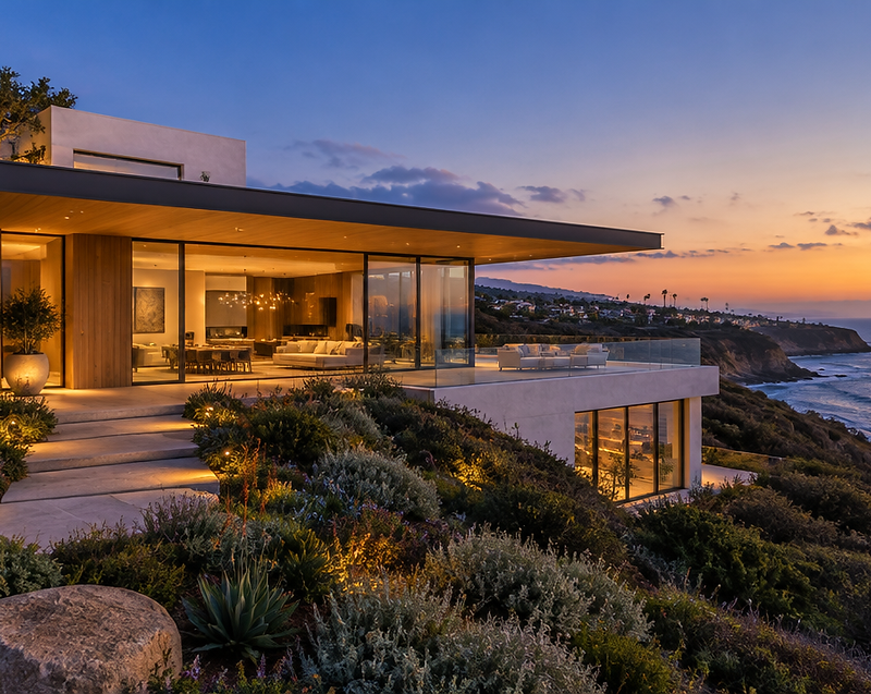 A finished modern coastal custom home in La Jolla at dusk