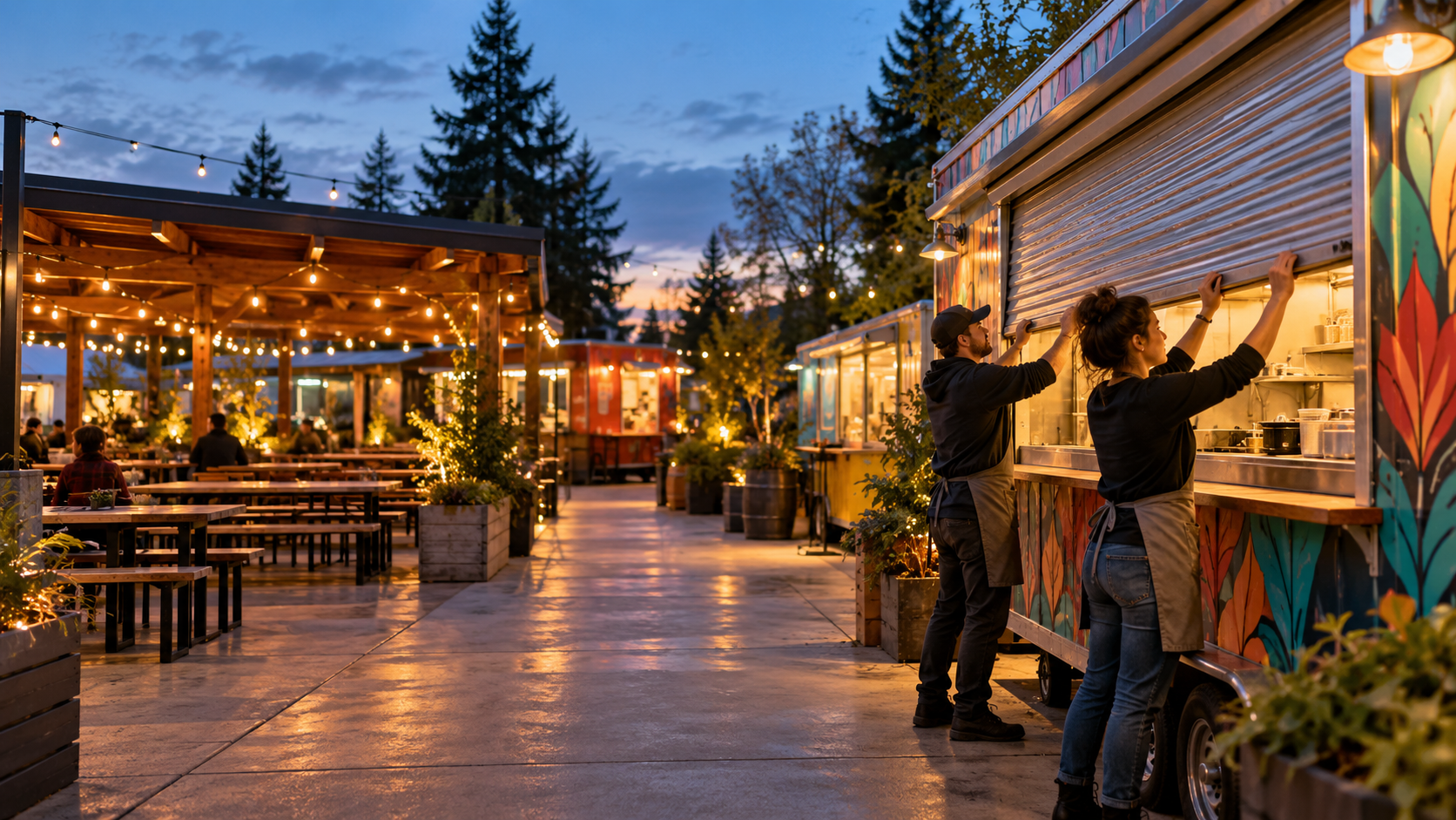 Conceptual outdoor food cart pod as vendors close serving windows