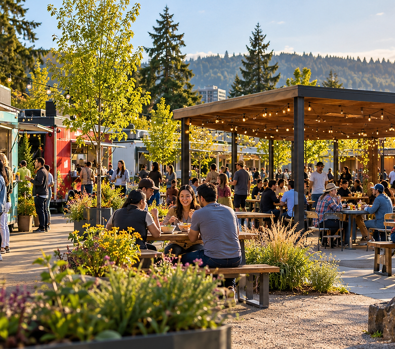 Conceptual Pacific Northwest outdoor food cart court in the afternoon