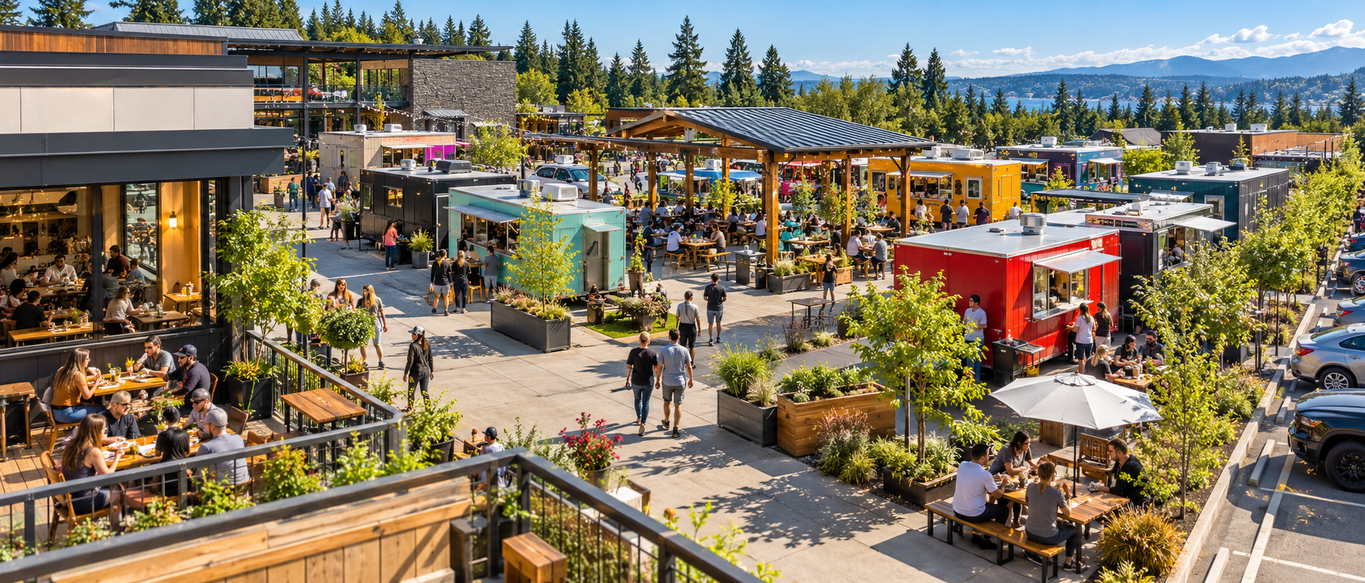 Conceptual overview of a large outdoor Pacific Northwest food cart campus