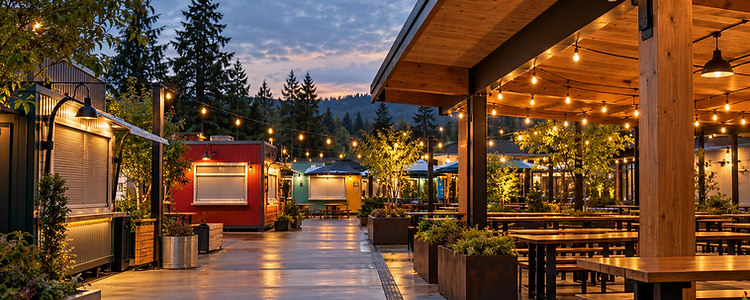 Conceptual outdoor food cart pod with a discreet camera viewpoint after closing