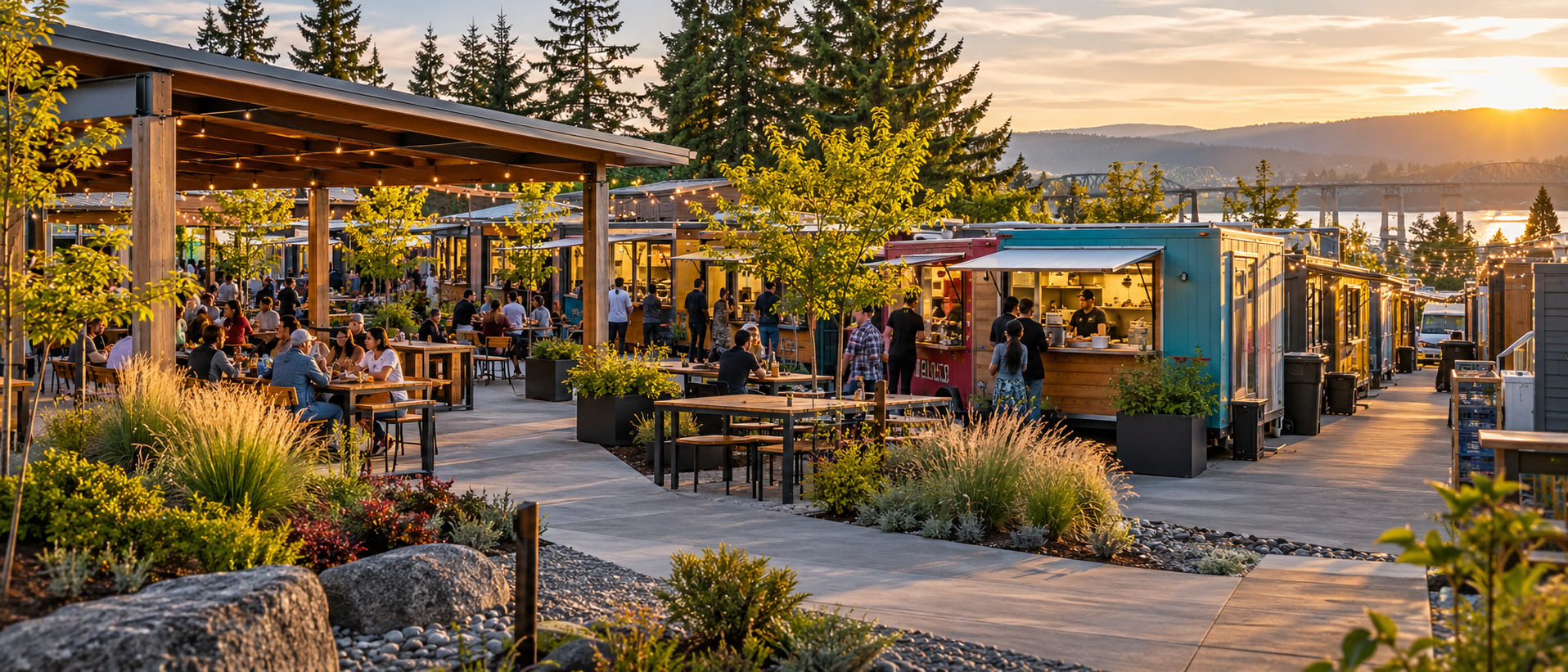 Conceptual food cart property showing vendor fronts, dining, and service access