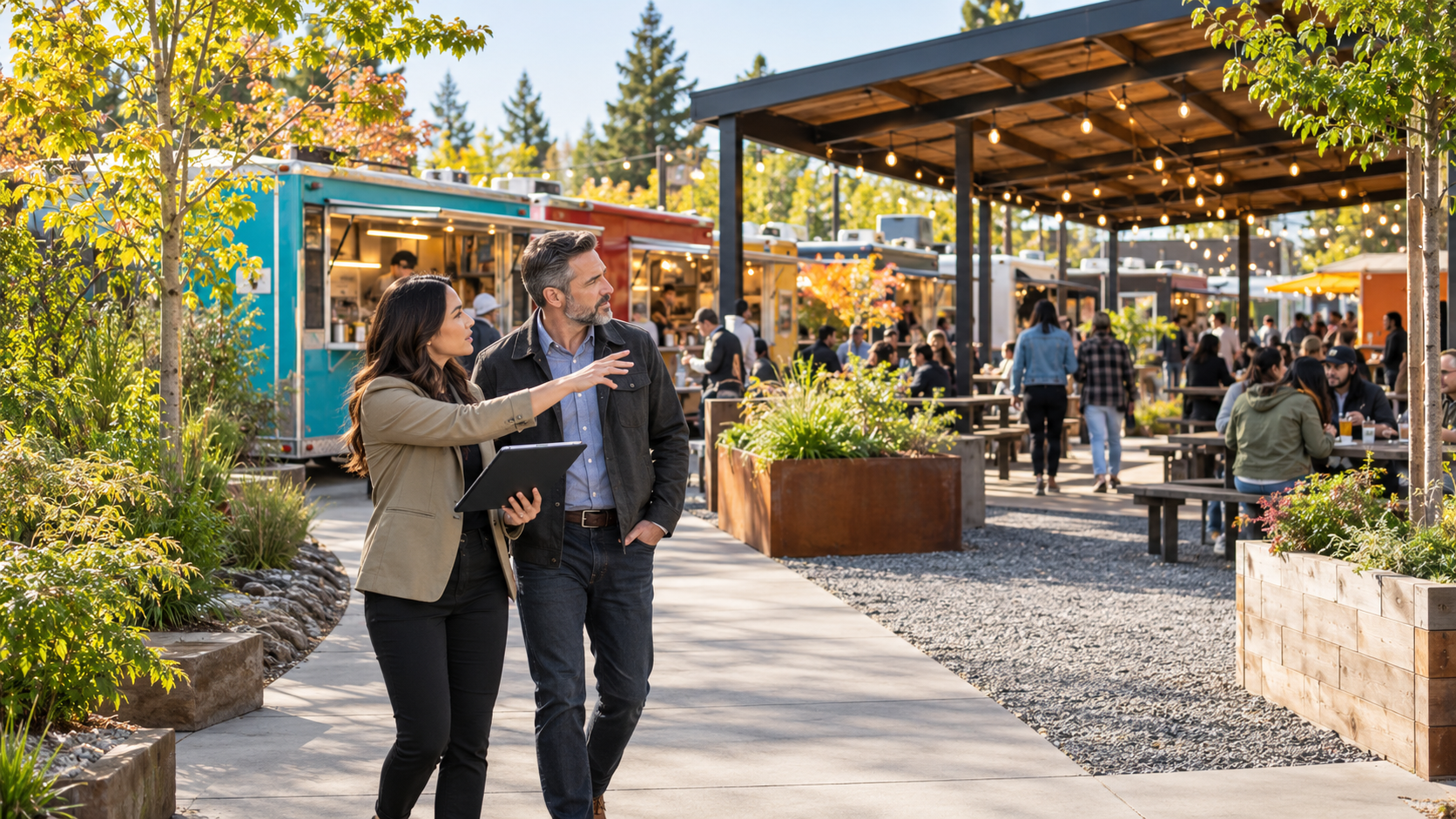 Conceptual food cart property walk-through with a manager and design professional