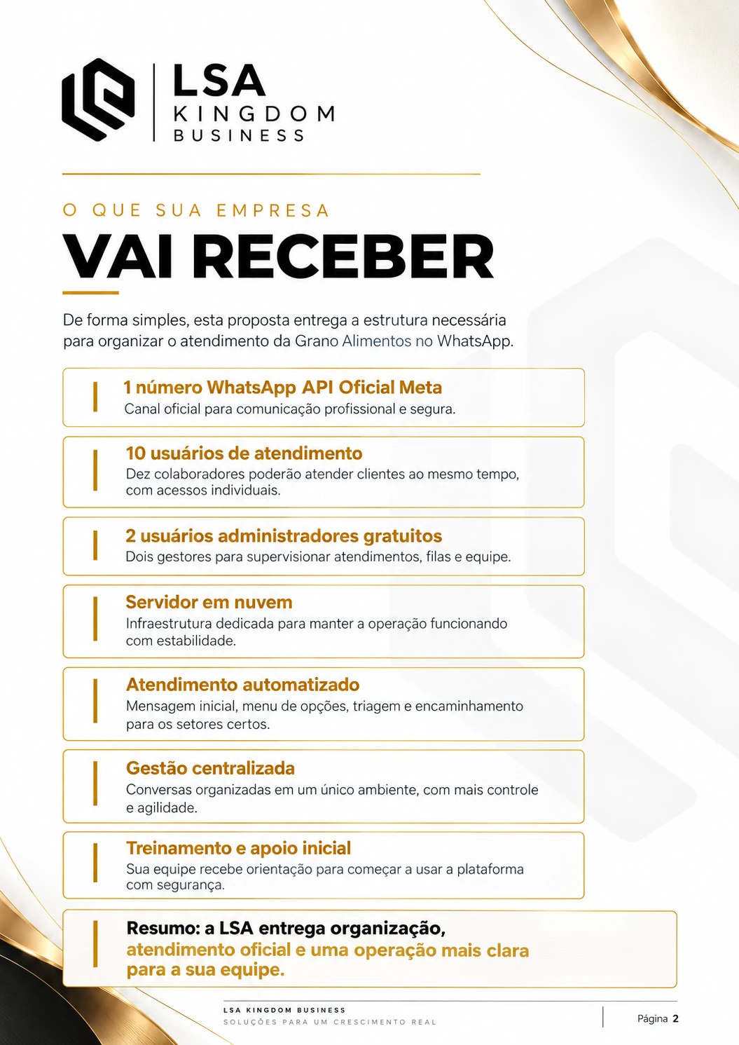 Página 2. O que a empresa vai receber: um número WhatsApp API Oficial Meta; dez atendentes; dois administradores gratuitos; servidor em nuvem; atendimento automatizado; gestão centralizada; treinamento e apoio inicial.