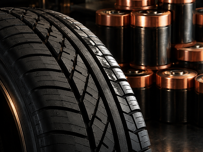 Technical close-up of a tire tread with copper-core batteries against a dark industrial background