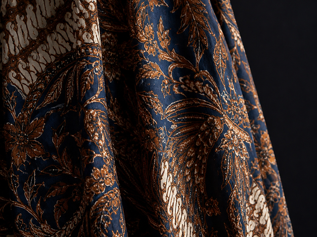 Close-up of traditional Indonesian batik fabric with deep indigo and sienna wax-resist patterns