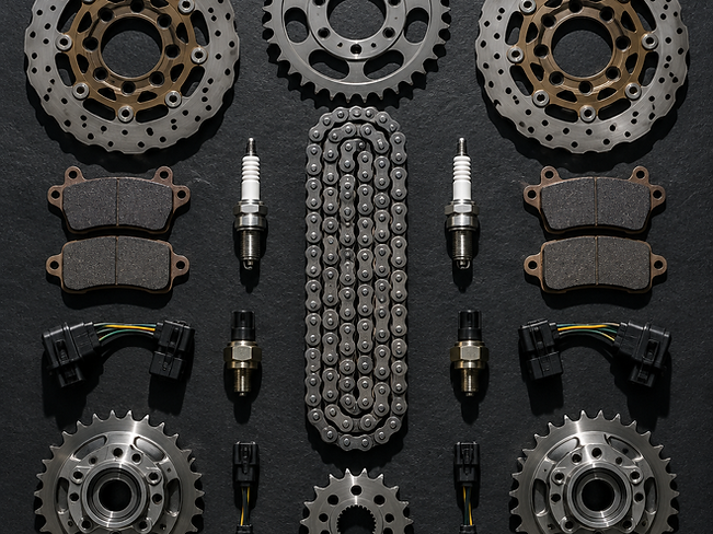 Overhead arrangement of motorcycle spare parts including sprockets, plugs and brake pads