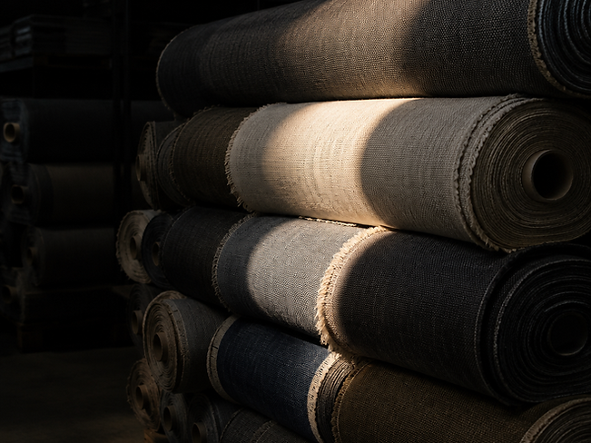 Neatly stacked rolls of industrial woven fabric under a single warm beam of light