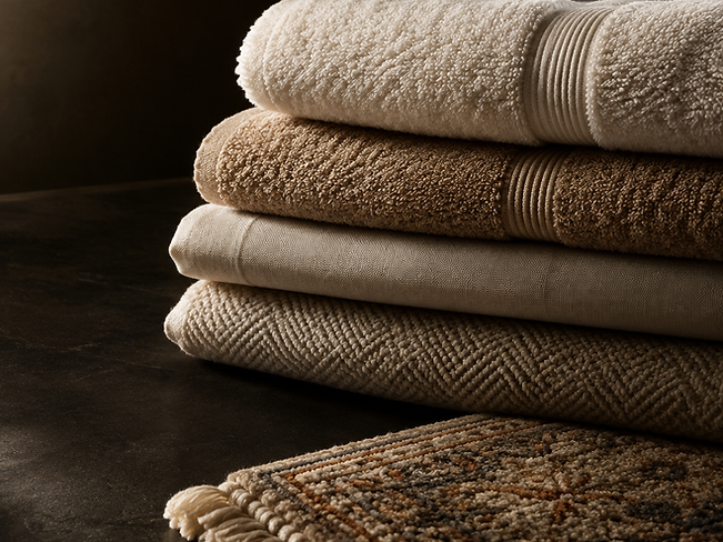 Folded household linens and a hand-knotted carpet corner stacked in warm sand tones