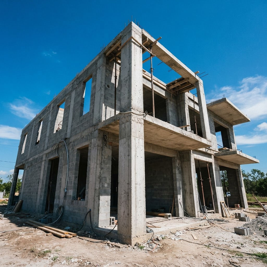 Casa de dois pavimentos em construção com pilares de concreto