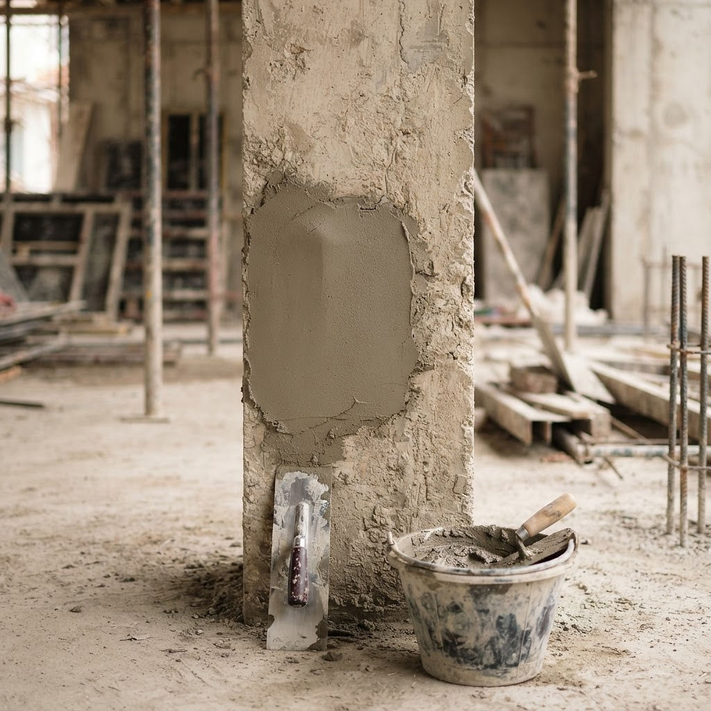 Reparo de pilar de concreto com argamassa e desempenadeira