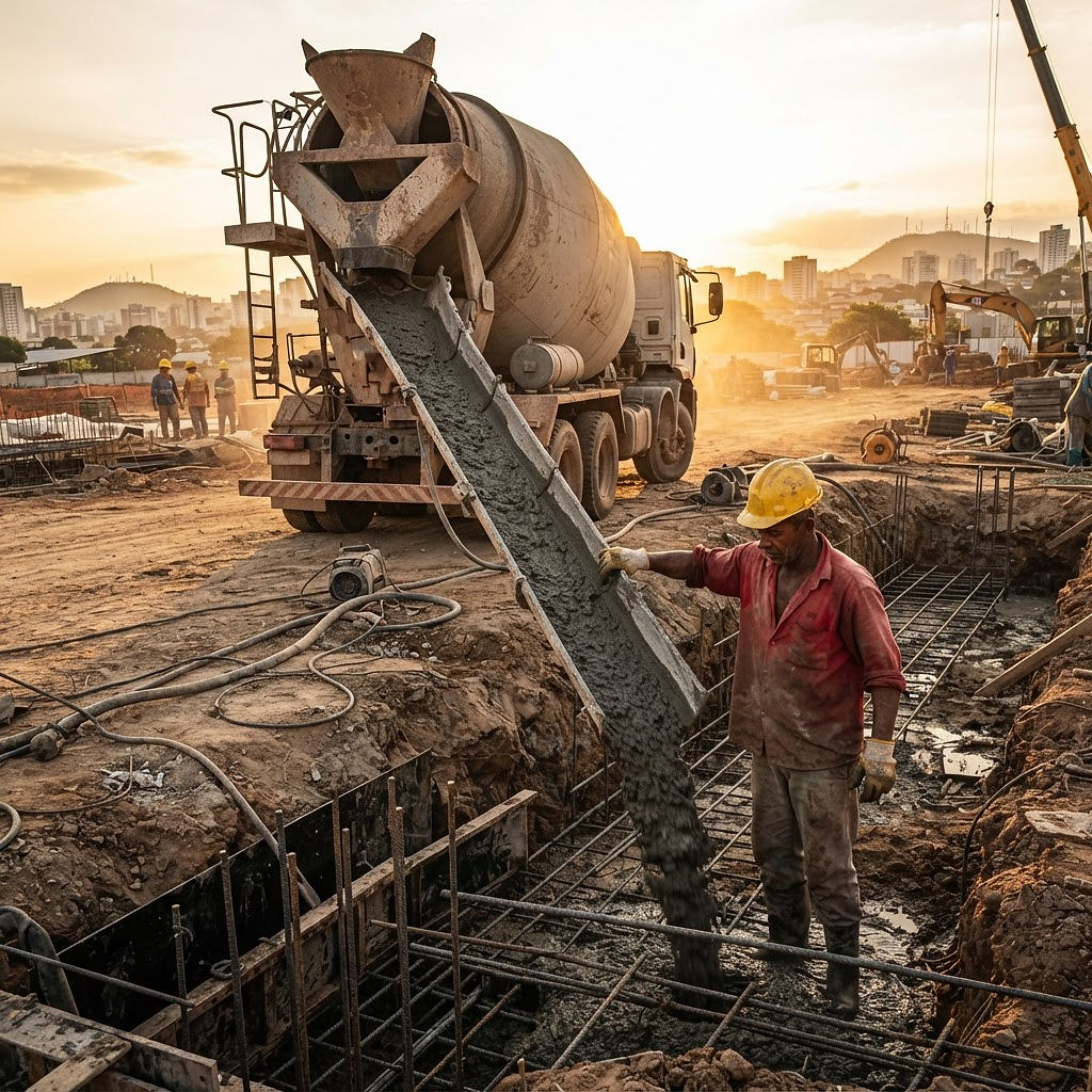 Concreto sendo despejado de um caminhão betoneira em uma obra