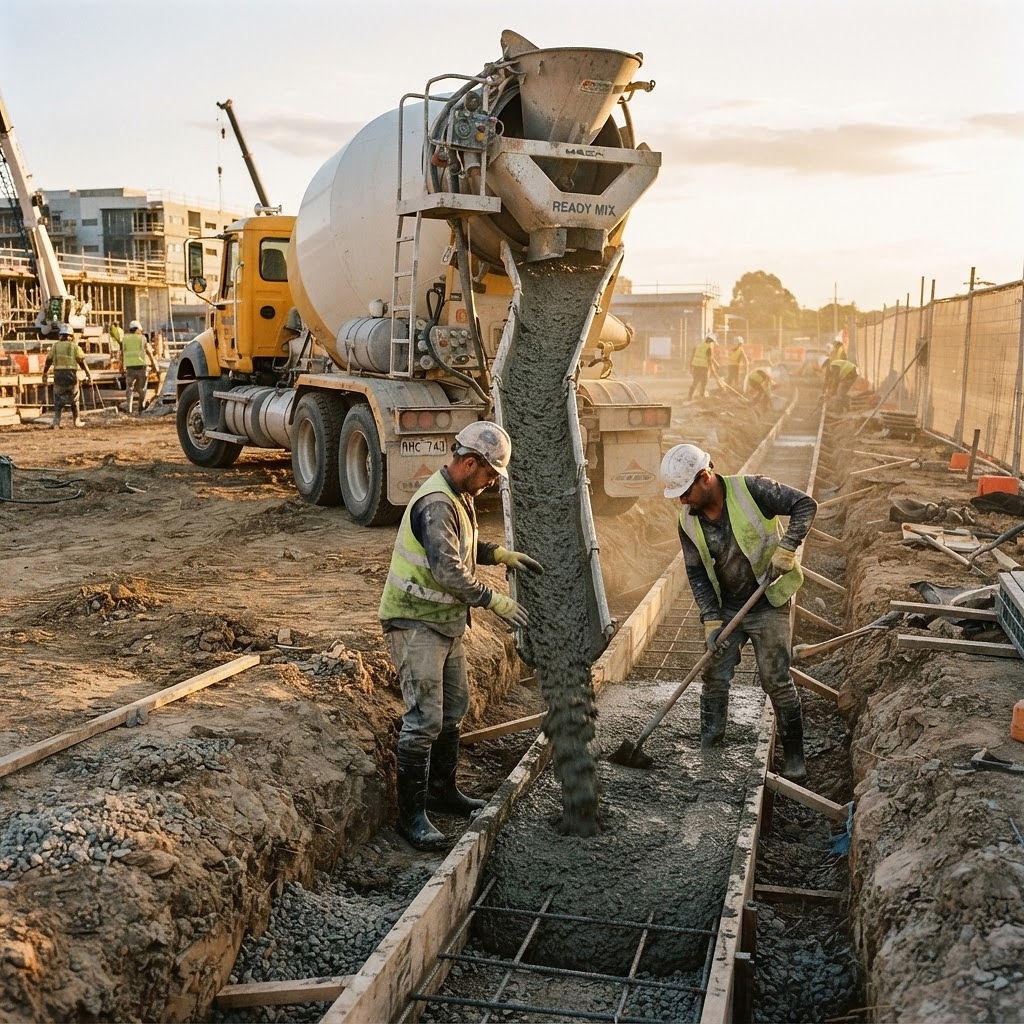 Caminhão betoneira lançando concreto na vala da fundação