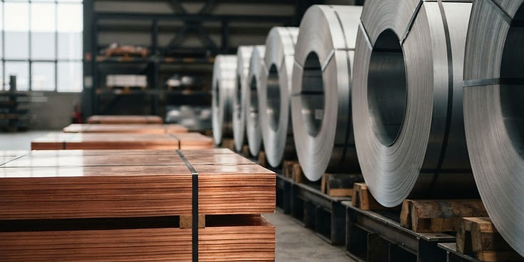 Gestapelte Kupferbleche und Aluminiumrollen in einer Industriehalle