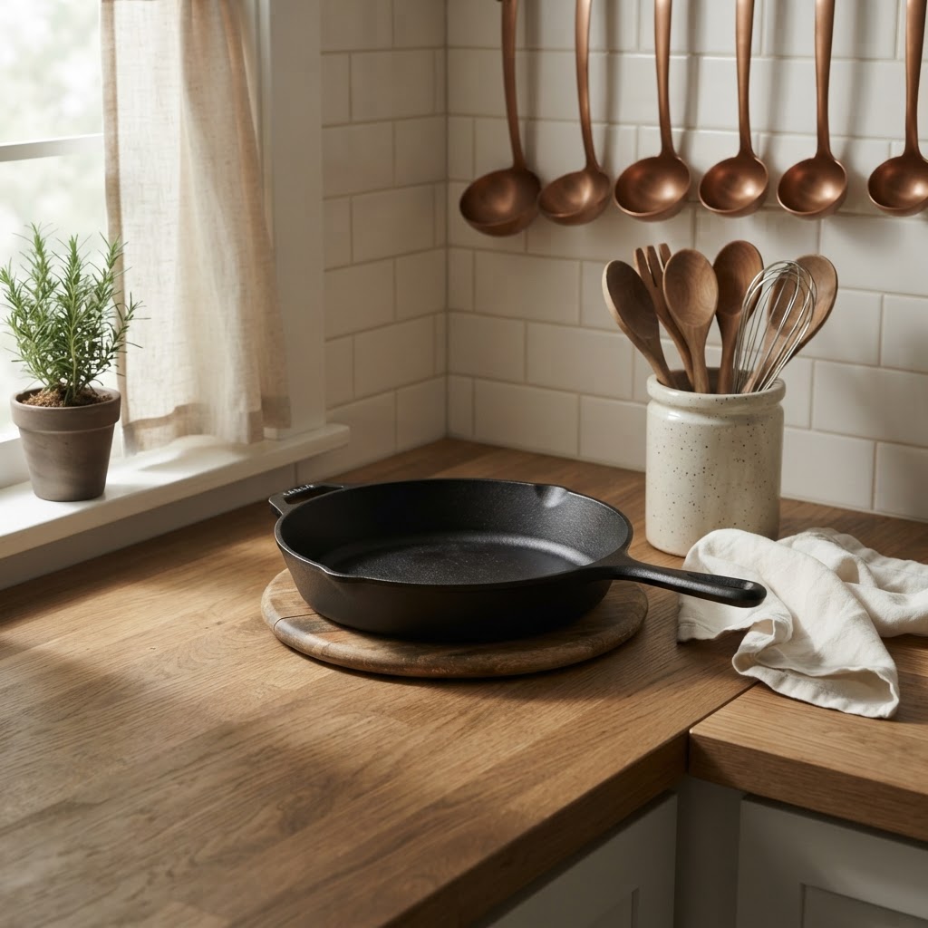 A real kitchen counter in soft daylight: a cast iron skillet on a worn wooden trivet, a crock of wooden spoons and a cream linen towel against white subway tile