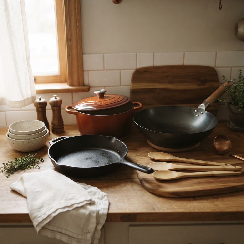 The full Summit Kitchen Supply range arranged on a worn oak kitchen worktop in daylight: a carbon steel wok, a cast iron skillet, a clay-red enamelled dutch oven, speckled stoneware bowls, acacia salt and pepper mills, an acacia board and a set of bamboo spoons