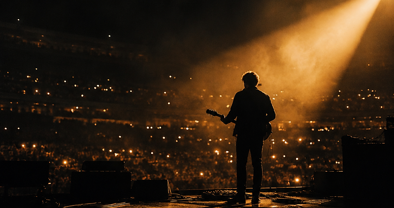 Performer silhouetted against a single beam of stage light