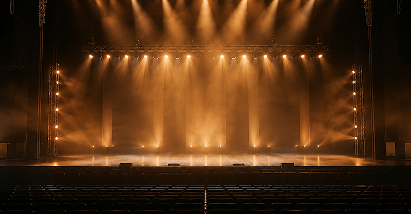 Empty production stage lit before a show