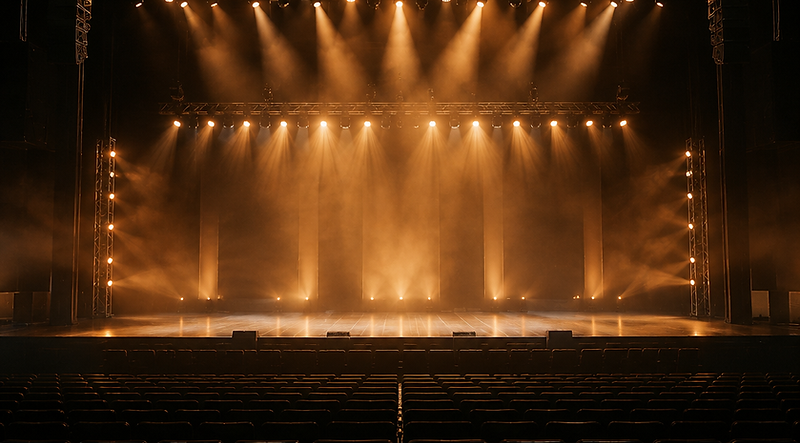 Empty production stage lit before a show