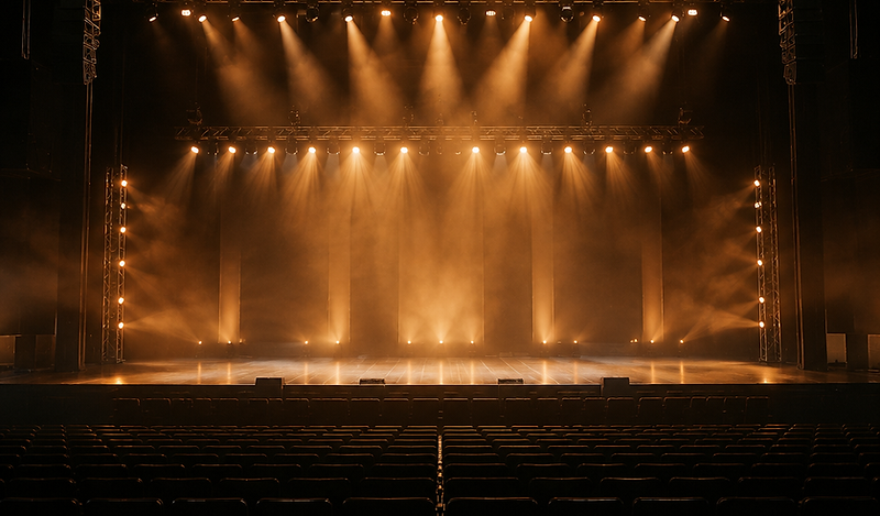 Empty production stage lit before a show