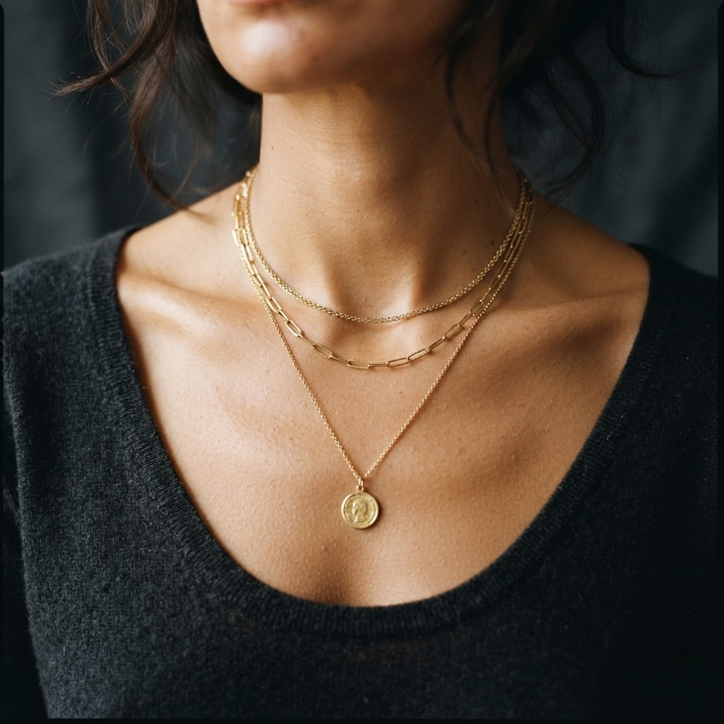 Three layered gold chains worn at the collarbone