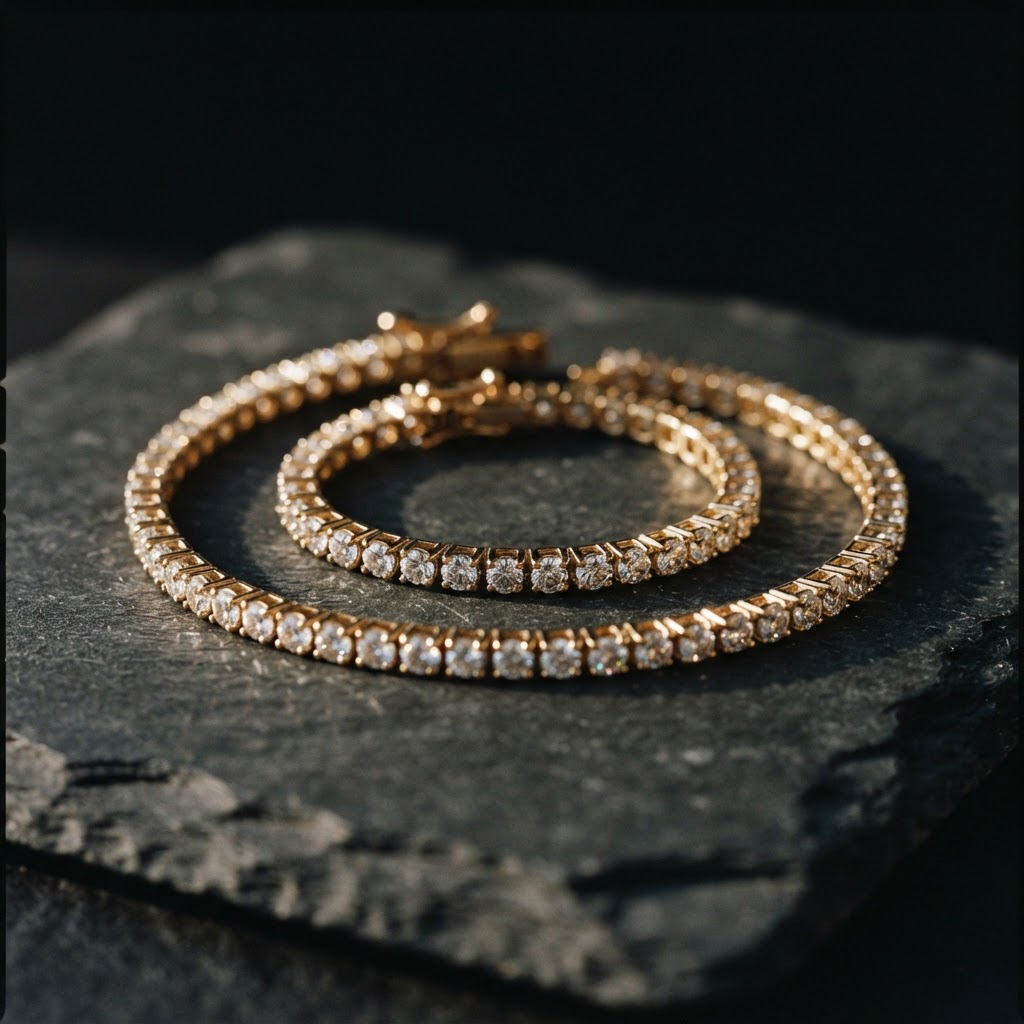 A gold vermeil tennis bracelet coiled on dark charcoal stone