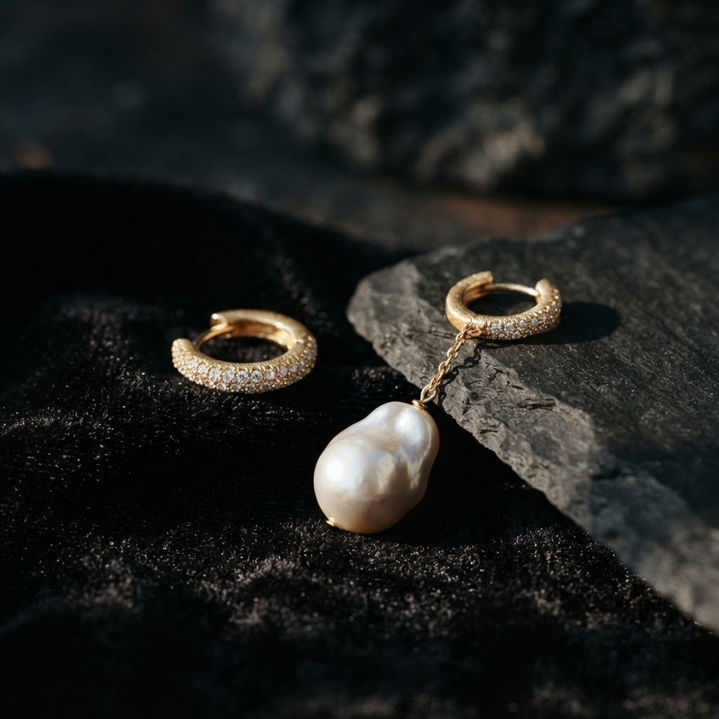 A gold huggie hoop and a pearl drop earring on black velvet