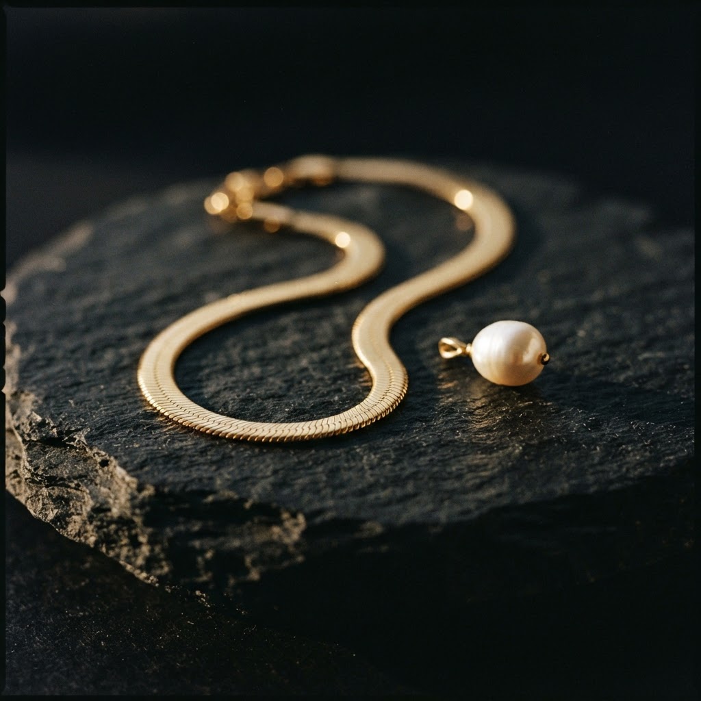 A gold herringbone chain necklace draped over a dark stone pedestal