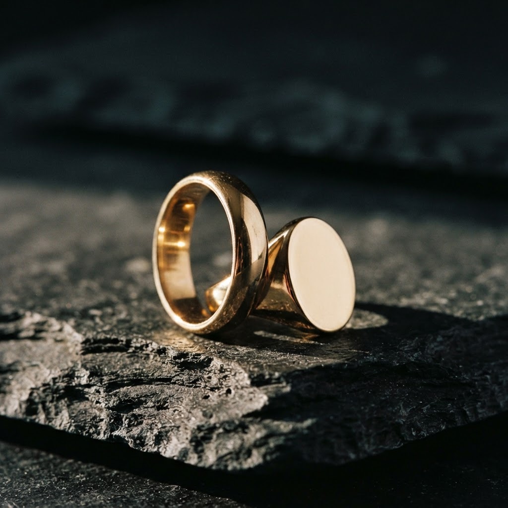 Two gold vermeil rings resting against each other on dark slate