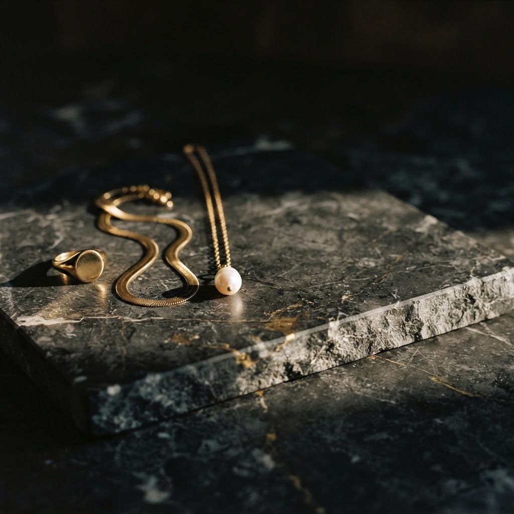 A curated trio of Insignia jewellery — an oval signet ring, a herringbone chain and a pearl pendant — on dark marble