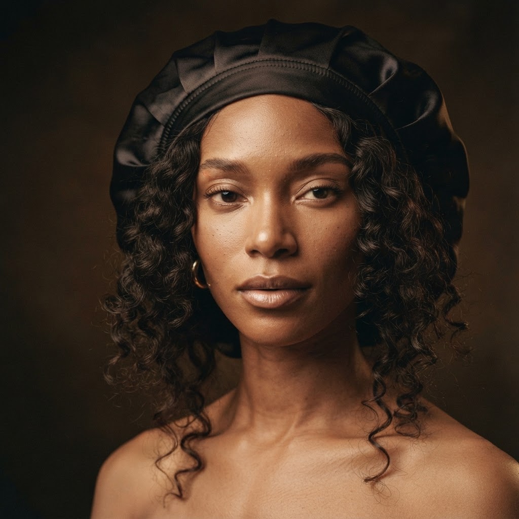 A woman with loose curls wearing the Champagne Silk satin-lined sleep bonnet