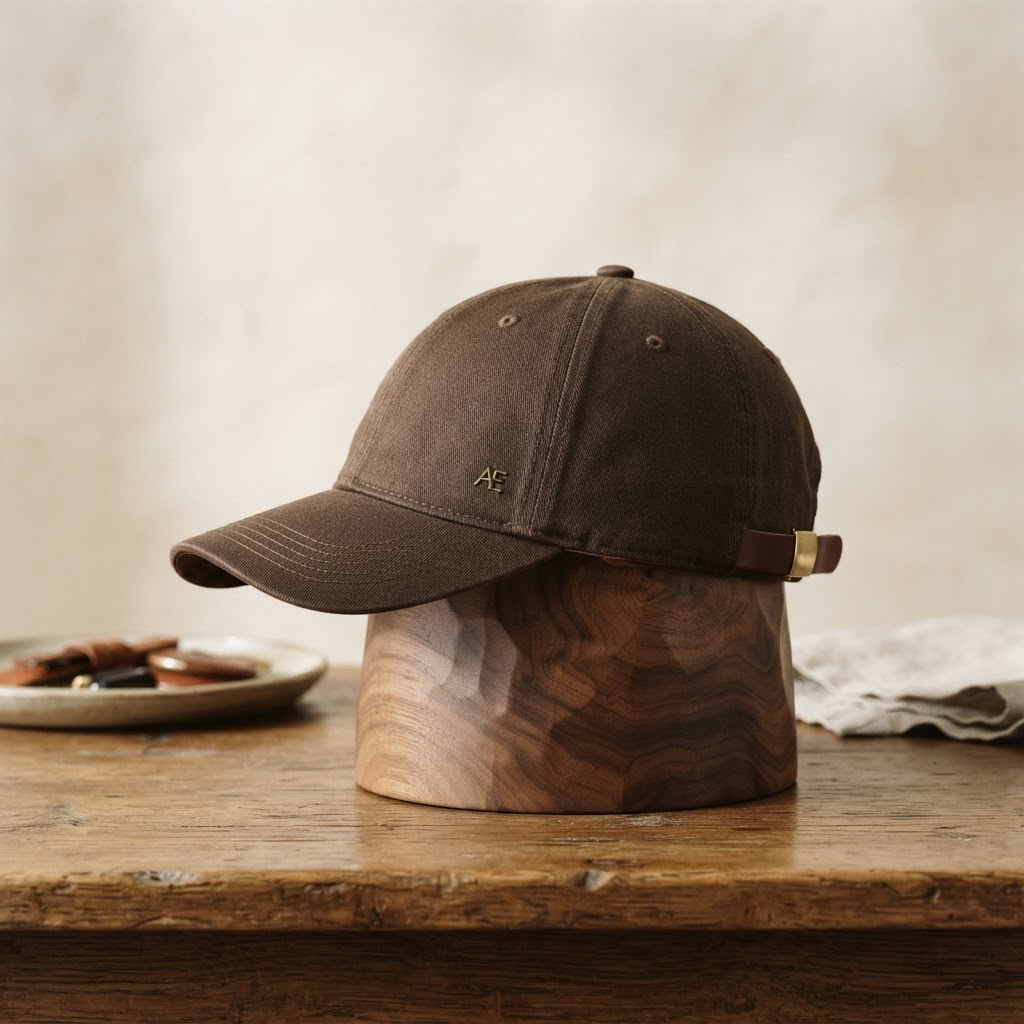 A satin-lined espresso twill cap resting on a wooden display block